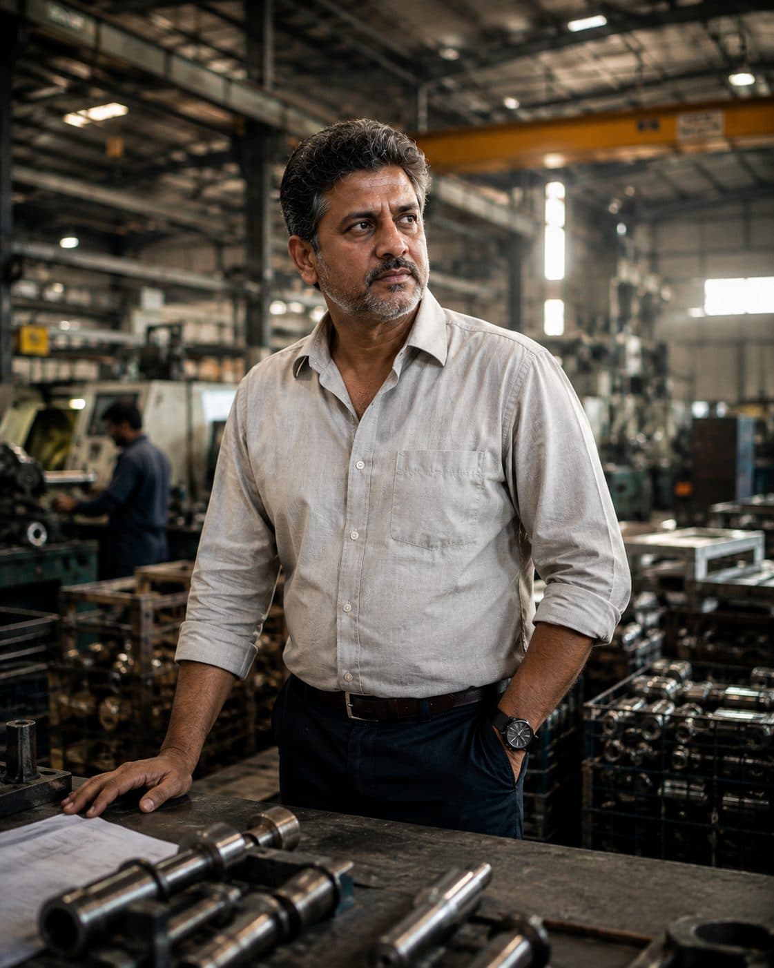 An Indian business owner on the floor of their manufacturing unit.