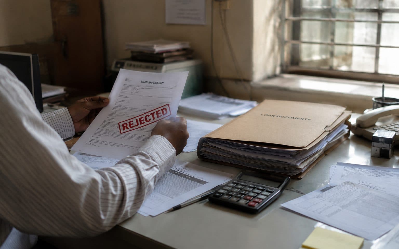 Loan paperwork on a desk in a small business office.