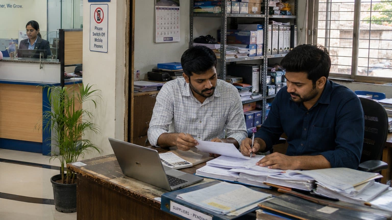 A bank service counter on one side of an office and two people working through files on the other.