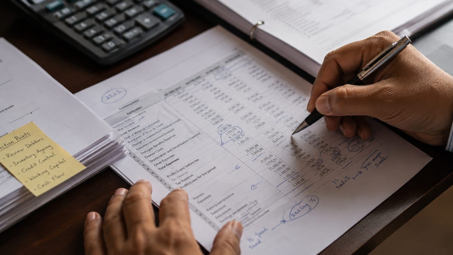 Hands annotating a financial statement.