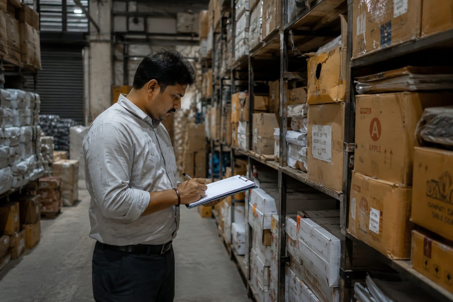 Inventory stacked in an Indian warehouse with a worker checking stock.