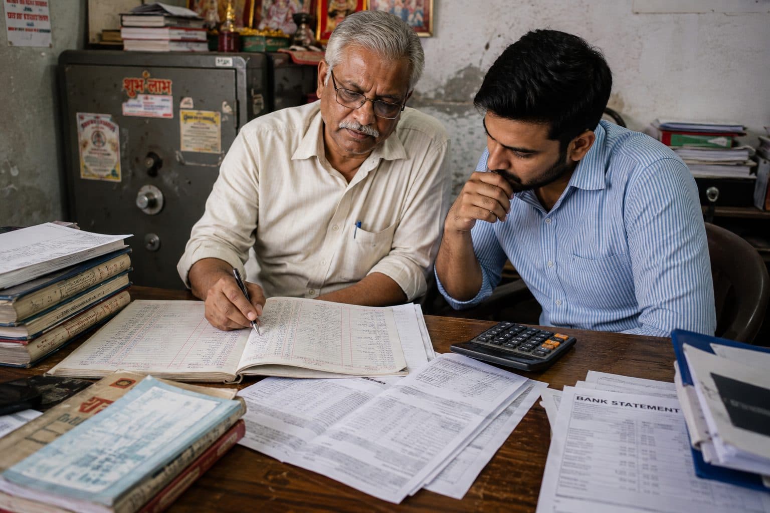 Two people reviewing account books in a family-run Indian business.