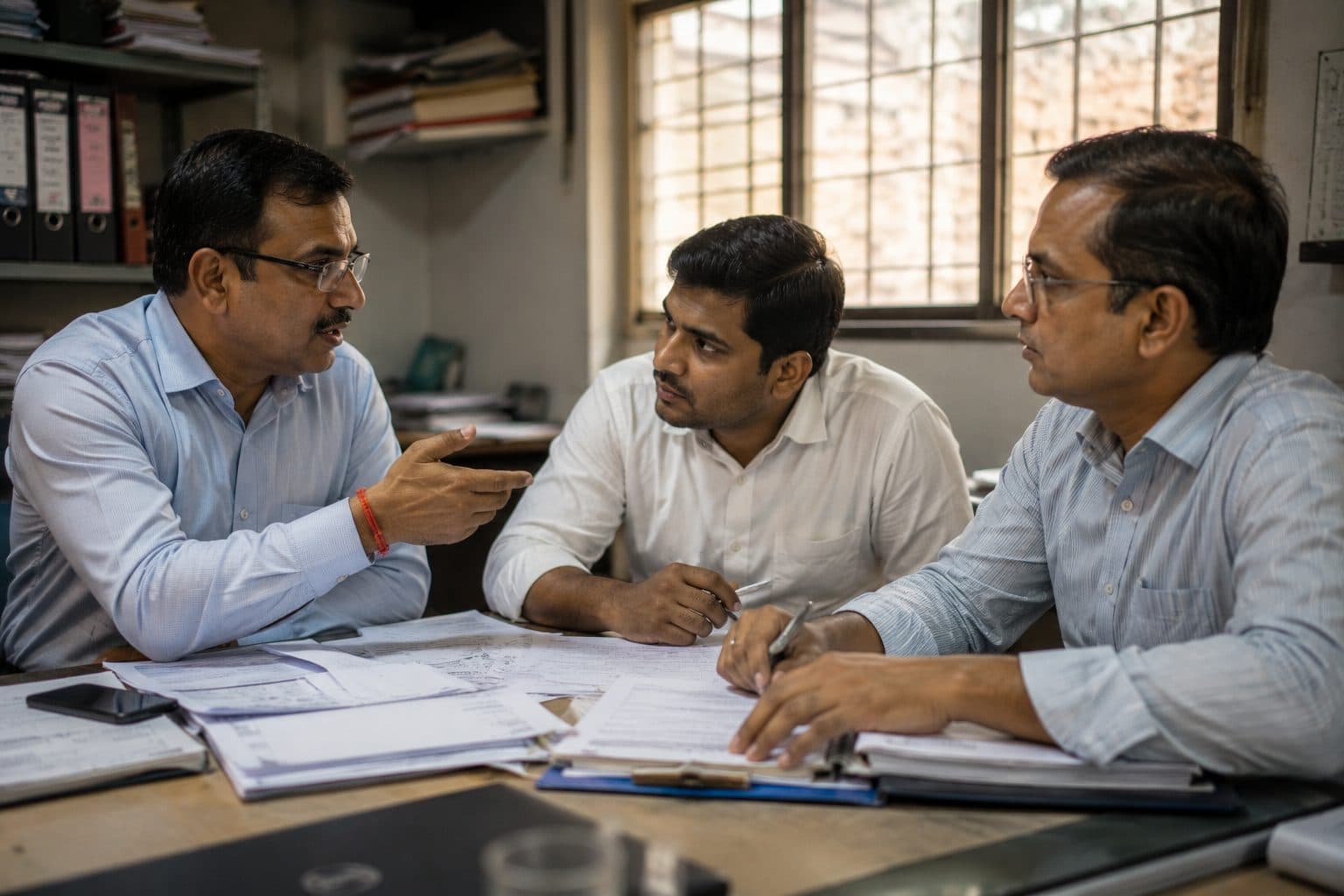Indian business professionals in a working discussion over documents.